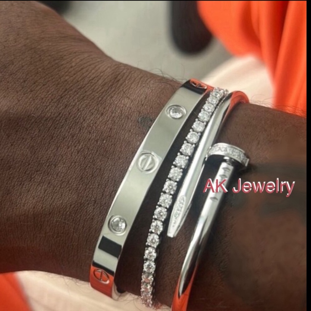 💎LUXURY Large MEN’S 21cm SILVER CZ DIAMOND  Zircon, AK Jewelry Bracelet, Cuff - Picture 3 of 5